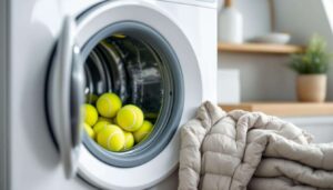 Daunenjacke waschen: Drei Tennisbälle in der Trommel verhindern verklumpte Daunen